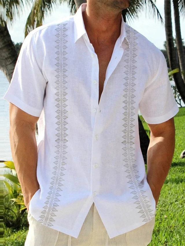  Ανδρικά λινό πουκάμισο Καλοκαιρινό πουκάμισο Πουκάμισο παραλίας Απορρίπτω Καλοκαίρι Κοντομάνικο Λευκό Μπλε Χακί Γραφικά Σχέδια Causal Καθημερινά Ρούχα Κουμπί-Κάτω