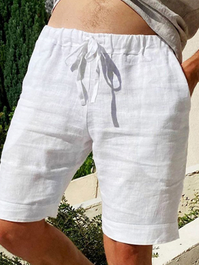  Homens Calção Shorts de linho Shorts de verão Bolsos Com Cordão Cintura elástica Tecido Ao ar livre Diário Para Noite Roupa de rua à moda Preto Branco