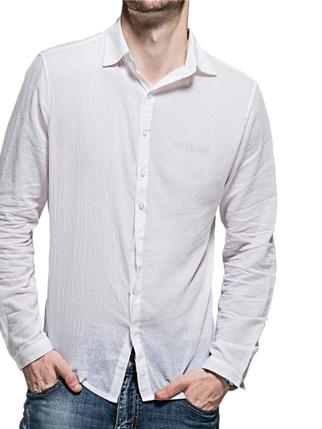  Ανδρικά λινό πουκάμισο Απορρίπτω Ανοιξη καλοκαίρι Μακρυμάνικο Μαύρο Λευκό Ανθισμένο Ροζ Σκέτο Causal Καθημερινά Ρούχα