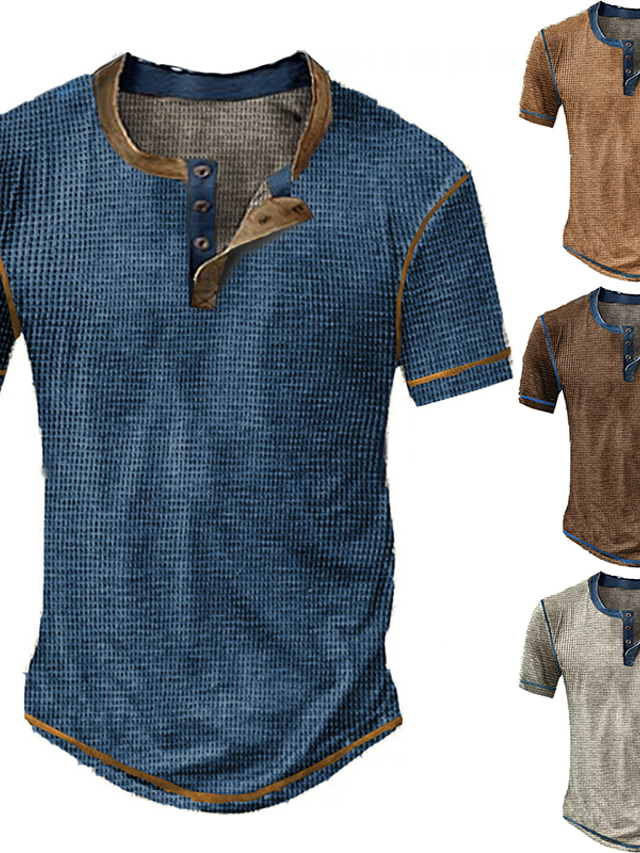  Муж. Вафельная рубашка Henley Футболки Клетки Хенли Одежда 3D печать на открытом воздухе Повседневные С короткими рукавами кнопка Мода Оригинальный рисунок Удобный