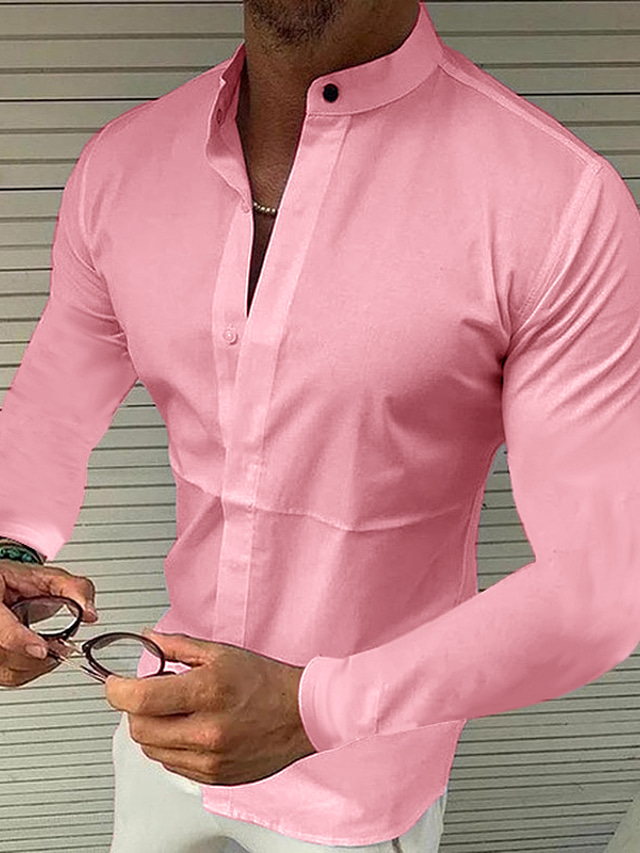  Men's Shirt Solid Color Standing Collar Black White Pink Wine Navy Blue 3D Print Outdoor Street Long Sleeve Button-Down Clothing Apparel Fashion Designer Casual Breathable