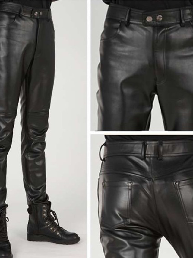  Men's Trousers Faux Leather Pants Casual Pants Pocket Straight Leg Plain Comfort Casual Daily Holiday Streetwear Stylish Black