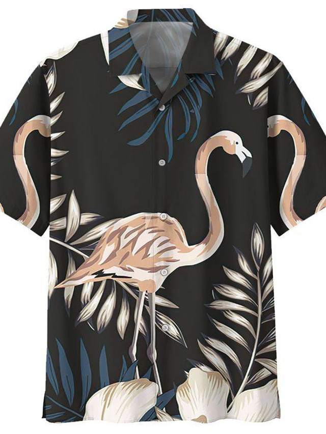  Herren Hemd Hawaiihemd Sommerhemd Flamingo Grafik-Drucke Blätter Umlegekragen Schwarz Casual Hawaiianisch Kurzarm Bedruckt Button-Down Bekleidung Tropisch Modisch Hawaiianisch Weich