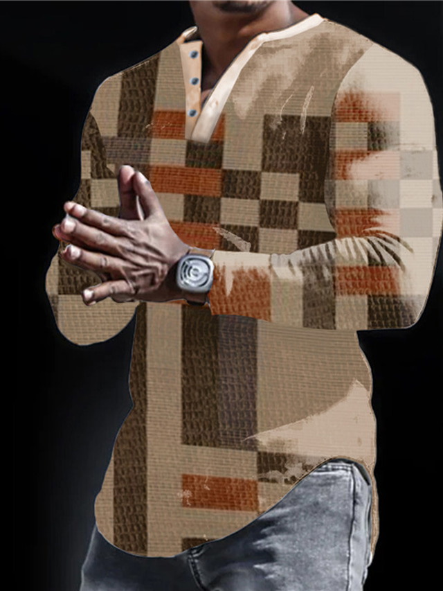  Herre Vaffel Henley-skjorte T-skjorter Grafisk Fargeblokk Henley Klær 3D-utskrift utendørs Avslappet Langermet Trykt mønster Mote Designer Bekvem