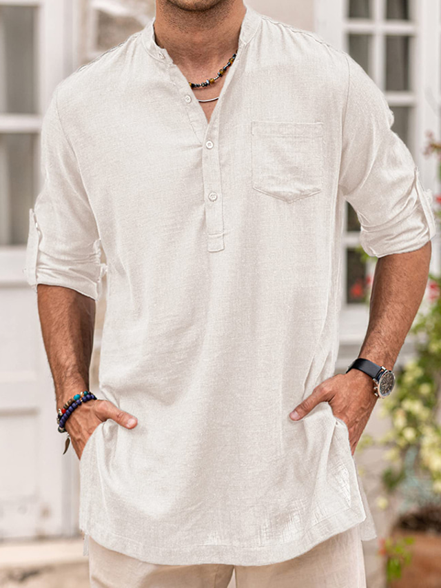  Per uomo camicia di lino Colletto Primavera estate Manica lunga Nero Bianco Blu Liscio Informale Giornaliero Abbigliamento Tasca frontale