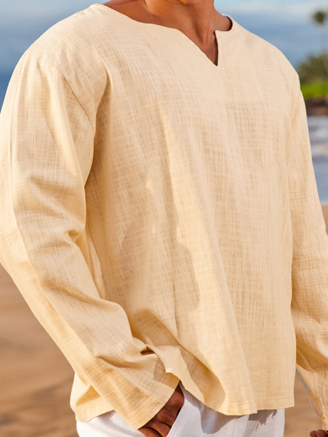  Hombre camisa de lino Camisa de verano Escote en Pico Primavera verano Manga Larga Negro Blanco Rojo Plano Festivos Vacaciones Ropa