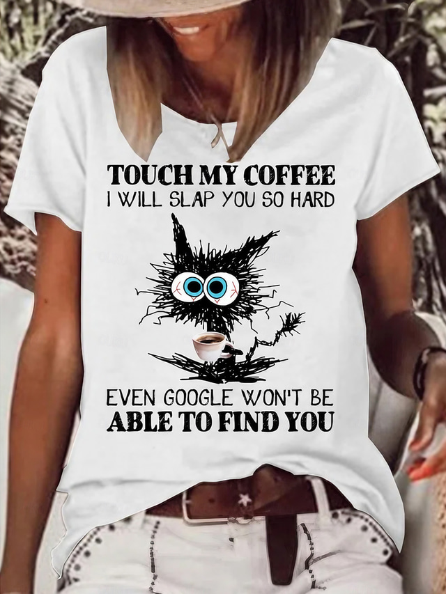  Women's T Shirt Cat Letter Text Basic Short Sleeve Round Neck Regular Tops Daily Weekend Print White Pink Blue Green Gray Spring, Fall, Winter, Summer