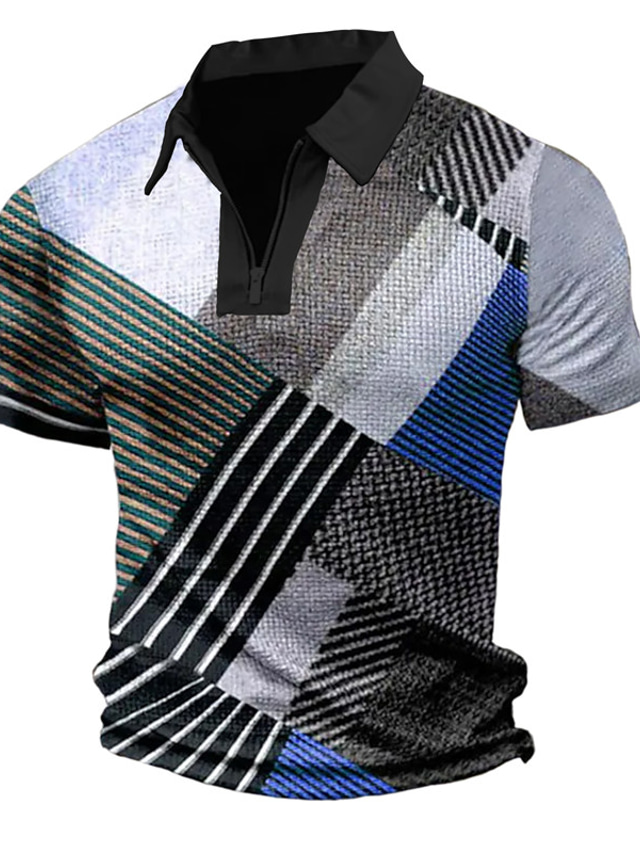  Voor heren POLO Shirt Golfshirt Polo met rits Ruitjes Gestreept Grafische prints Geometrie Strijkijzer Lichtgeel Geel Rood blauw Groen Buiten Straat Korte Mouw Vetoketju Afdrukken Kleding Modieus