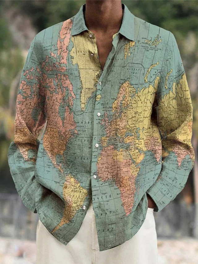  Męskie Koszula Mapa Wzory graficzne Wieczorne Niebieski Fioletowy Zielony Na zewnątrz Ulica Długi rękaw Przycisk w dół Nadruk Odzież Sport Moda Moda miejska Designerskie