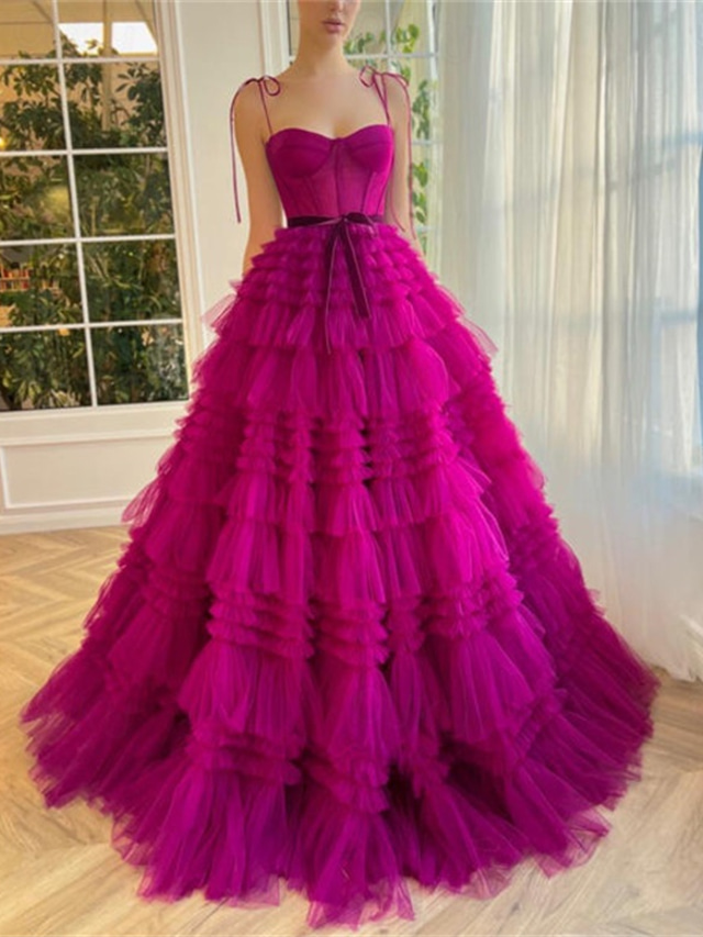  فستان ball gown فستان سهرة فستان منفوش حفل زفاف عيد ميلاد بطول الأرض بدون أكمام حمالة سباجيتي تول مع كشكش