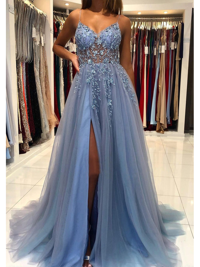  TS A-Line Prom Dresses Princess Dress Formal Wedding Guest Court Train Sleeveless V Neck Tulle with Beading 2024