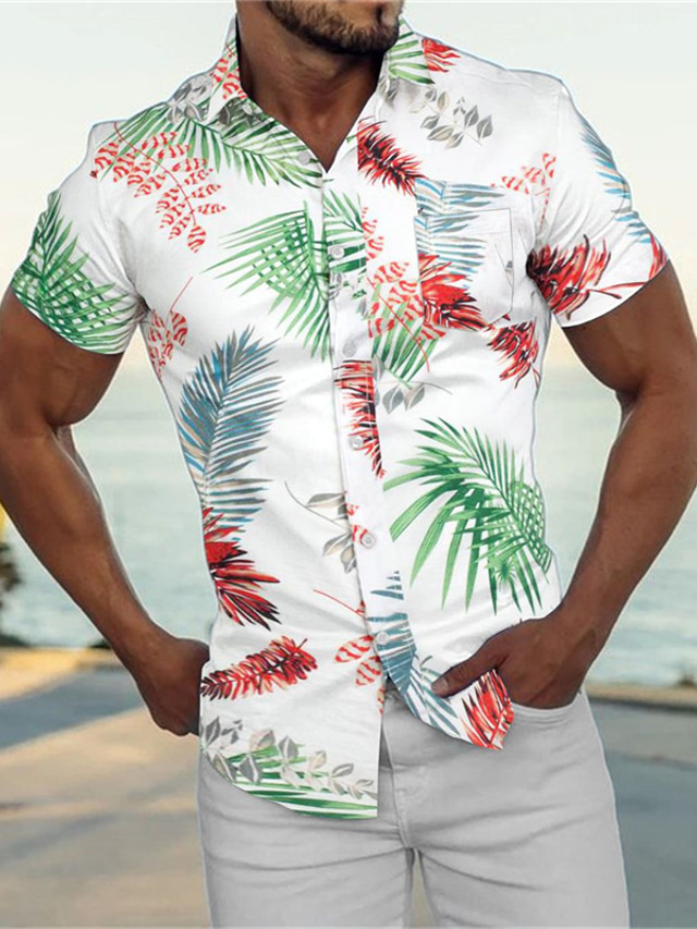  Муж. Рубашка Гавайская рубашка Кнопка рубашка Летняя рубашка Повседневная рубашка Желтый Зеленый Короткие рукава Графика Лист Отложной Для улицы Отпуск Кнопка вниз Одежда