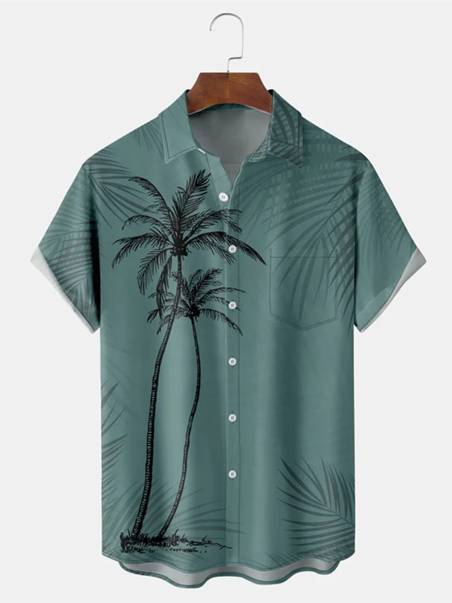  Men's Summer Hawaiian Shirt Button Up Shirt Summer Shirt Casual Shirt Bowling Shirt Green Dark Grey Gray Short Sleeve Graphic Leaf Turndown Street Vacation Button-Down Clothing Apparel Fashion Leisure