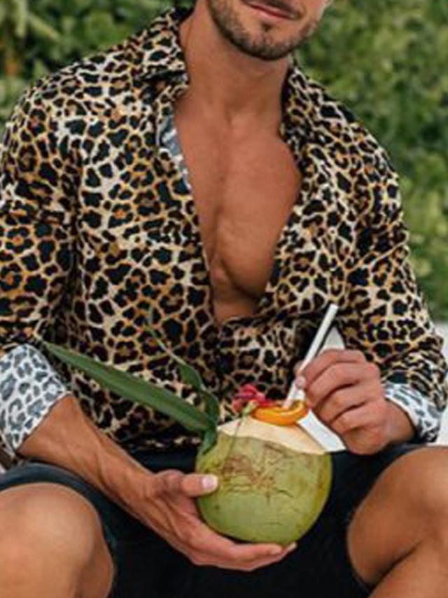  Hombre Camisa Abotonar la camisa Camisa de verano Camisa casual Marrón Gris Ligero Manga Larga Leopardo Cuello Vuelto Calle Diario Ropa Moda Ocio Cómodo