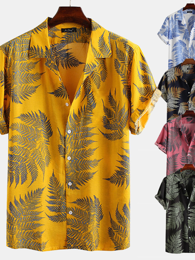  Муж. Рубашка Летняя рубашка Гавайская рубашка Графика Растения Гавайский Алоха Дизайн Отложной Желтый Розовый Темно синий Зеленый Светло-синий С принтом на открытом воздухе Повседневные