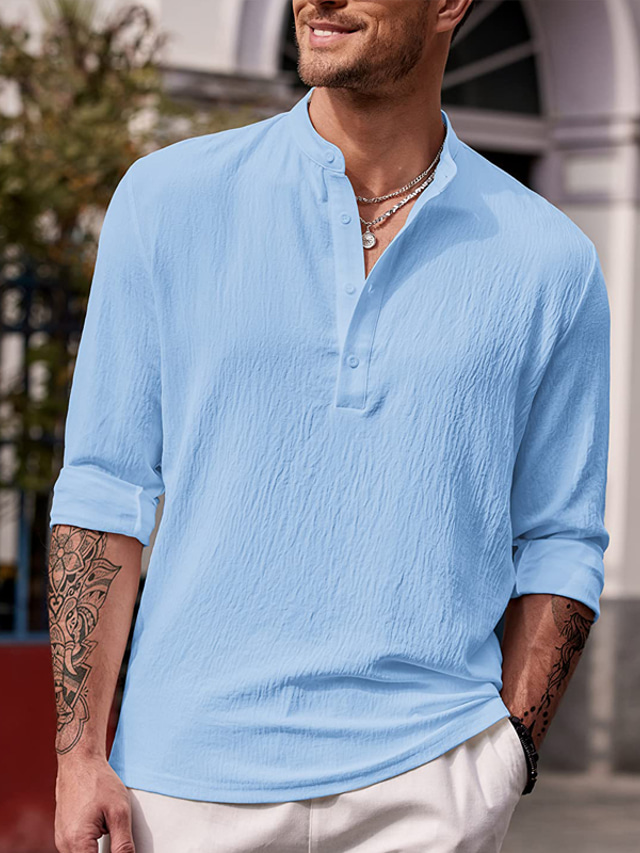  男性用 リネンシャツ カラー 春夏 長袖 ブラック ホワイト ブルー 平織り カジュアル 日常 衣類