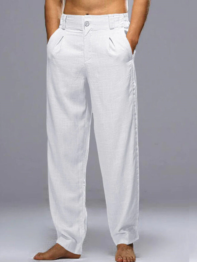  Men's Linen Pants Trousers Summer Pants Beach Pants Front Pocket Straight Leg Plain Comfort Breathable Casual Daily Holiday Linen / Cotton Blend Streetwear Designer Black White
