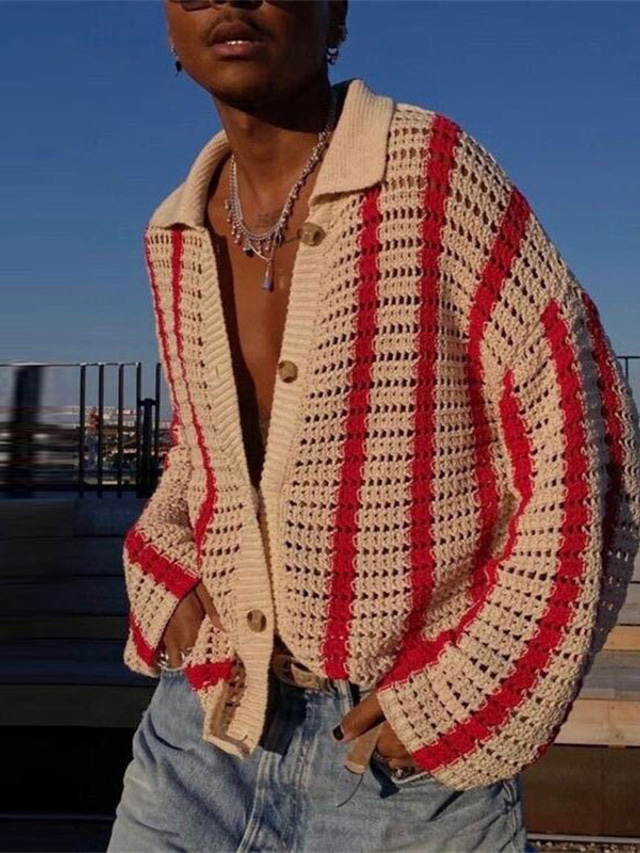  Men's Sweater Cardigan Sweater Crochet Shirt Ribbed Knit Cropped Knitted Stripe Turndown Warm Ups Modern Contemporary Daily Wear Going out Clothing Apparel Spring &  Fall Red & White S M L