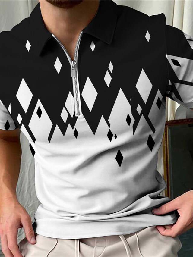  Men's Polo Shirt Golf Shirt Zip Polo Graphic Prints Geometry Argyle Turndown Black White Yellow Royal Blue Light Grey Outdoor Street Short Sleeves Zipper Print Clothing Apparel Fashion Designer