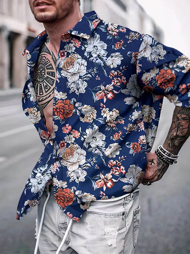  Men's Shirt Button Up Shirt Summer Shirt Casual Shirt White Red Blue Long Sleeve Graphic Prints Flower / Plants Turndown Outdoor Going out Print Clothing Apparel Streetwear Stylish Casual