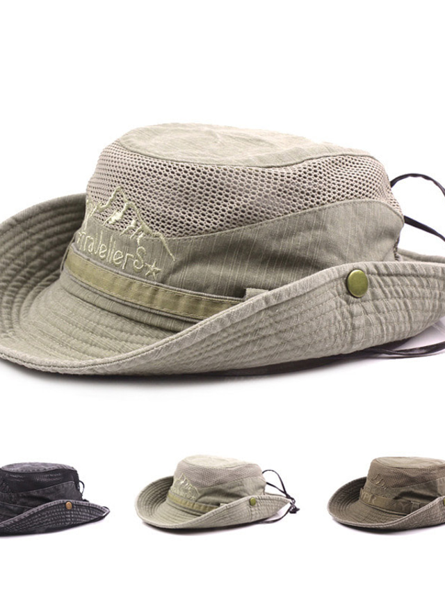  Men's Bucket Hat Sun Hat Fishing Hat Boonie hat Hiking Hat Black khaki Cotton Mesh Streetwear Stylish Casual Outdoor Daily Outdoor clothing Letter Embroidery UV Sun Protection Sunscreen Lightweight
