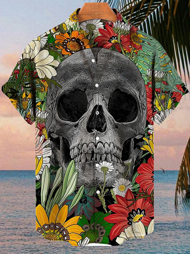  Men's Shirt Summer Hawaiian Shirt Floral Skull Graphic Prints Turndown Gray Outdoor Street Short Sleeves Button-Down Print Clothing Apparel Sports Fashion Streetwear Designer