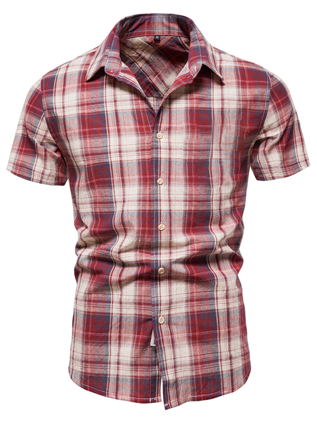  Men's Shirt Summer Shirt Plaid Red Navy Blue Khaki Short Sleeve Clothing Apparel Cotton Casual