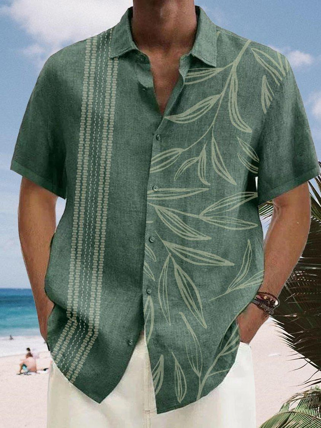  Męskie Koszula Koszula hawajska Prążki Wzory graficzne Liście Wieczorne Niebieski Fioletowy Zielony Na zewnątrz Ulica Krótkie rękawy Przycisk w dół Nadruk Odzież Sport Moda Moda miejska Designerskie
