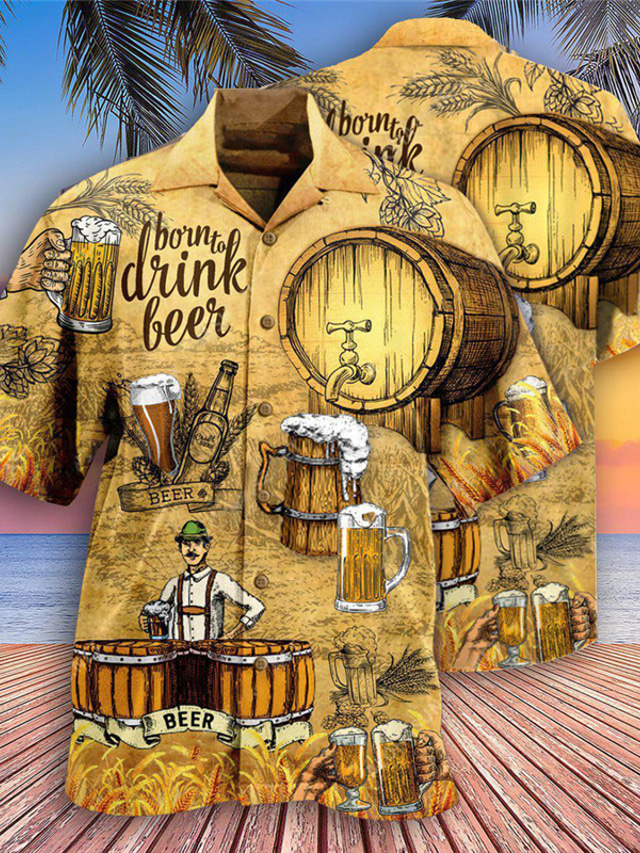 Herren Hemd Hawaiihemd Sommerhemd Grafik Drucke Bier Umlegekragen herren-hemd-hawaiihemd-sommerhemd-grafik-drucke-bier-umlegekragen
