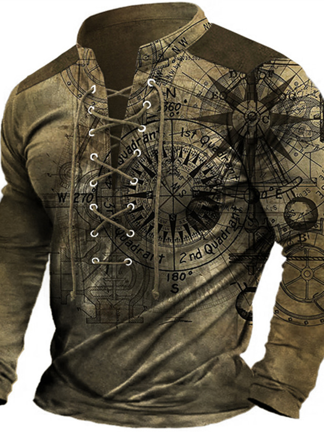  Mens Graphic Hoodie The Compass Sweatshirt Blue Brown Green Gray Henley Nautical Lace Up Sports & Outdoor Daily 3D Print Designer Basic Casual Spring