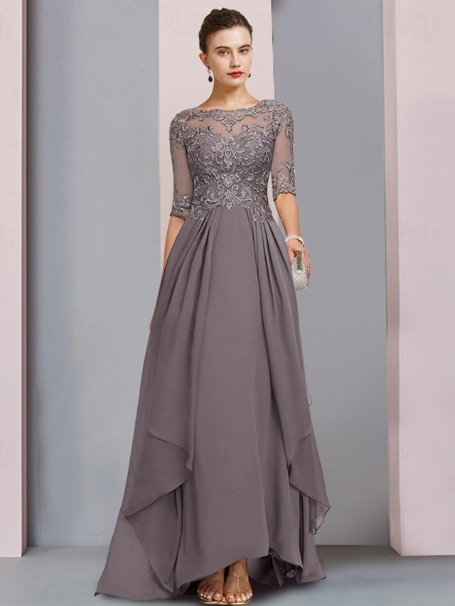  Sheath Mother of the Bride Dress Wedding Guest Elegant Party Scoop Neck Asymmetrical Chiffon Lace Half Sleeve with Pleats 2025 free custom size