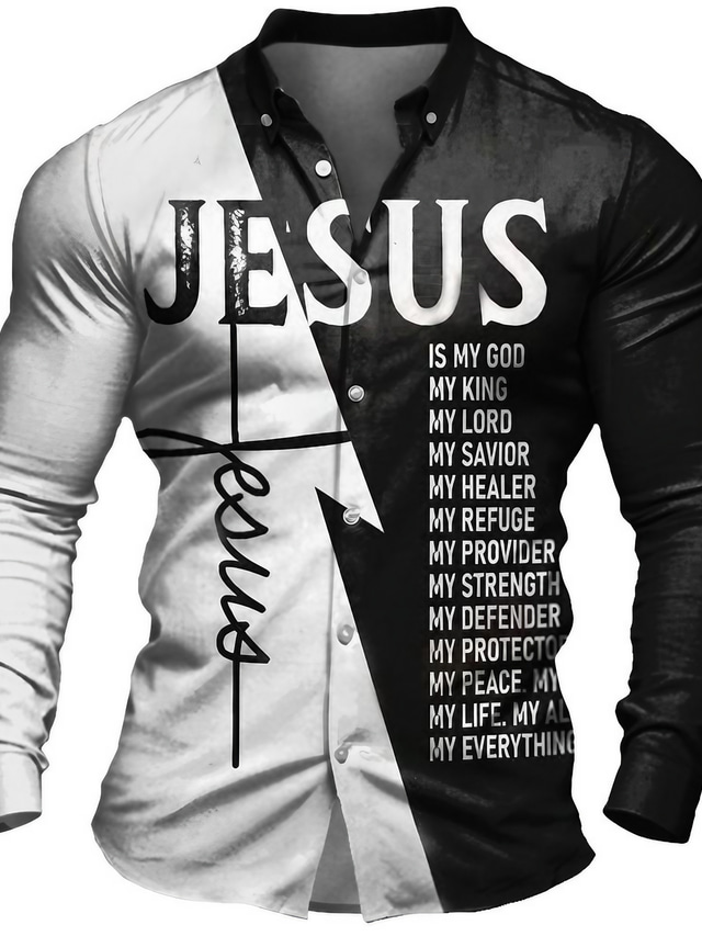  Men's Shirt Letter Graphic Prints Jesus Stand Collar Black Yellow Navy Blue Purple Green Outdoor Street Long Sleeve Button-Down Print Clothing Apparel Fashion Designer Casual Soft