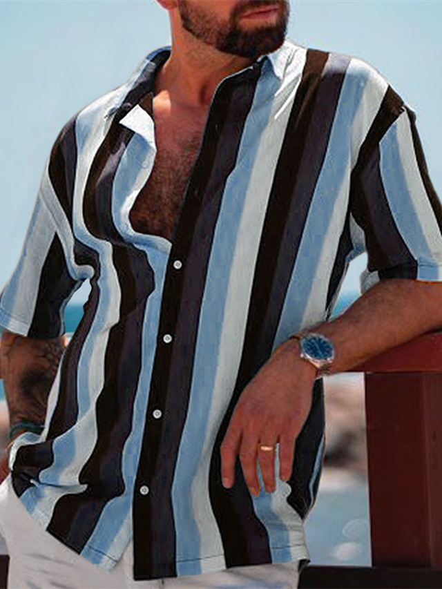  Men's Shirt Button Up Shirt Summer Shirt Casual Shirt Beach Shirt Blue Orange Gray Short Sleeves Graphic Stripe Turndown Street Vacation Button-Down Clothing Apparel Stylish Casual Modern Contemporary