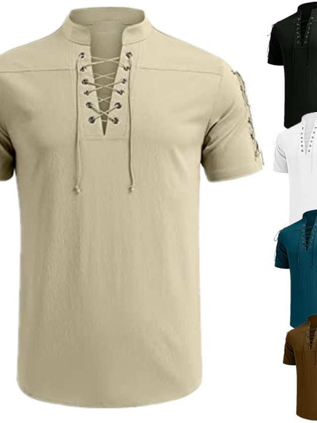 男性用 リネンシャツ サマーシャツ ビーチシャツ Ｖネック 夏 半袖 ブラック ホワイト ブラウン 平織り カジュアル 日常 衣類 レースアップ