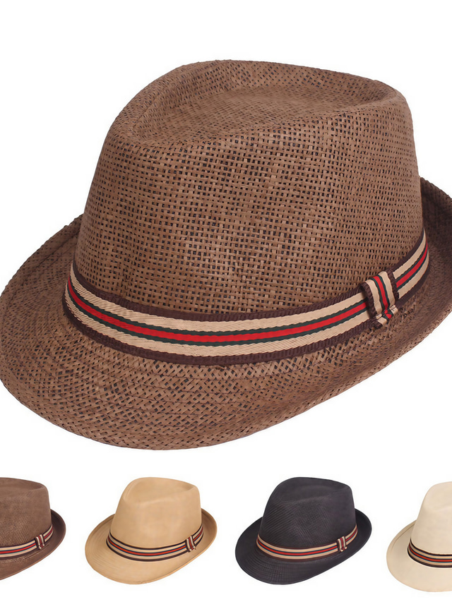  Men's Straw Hat Sun Hat Fedora Trilby Hat Black Brown Polyester Braided Streetwear Stylish 1920s Fashion Daily Outdoor clothing Holiday Plain Sunscreen Breathability
