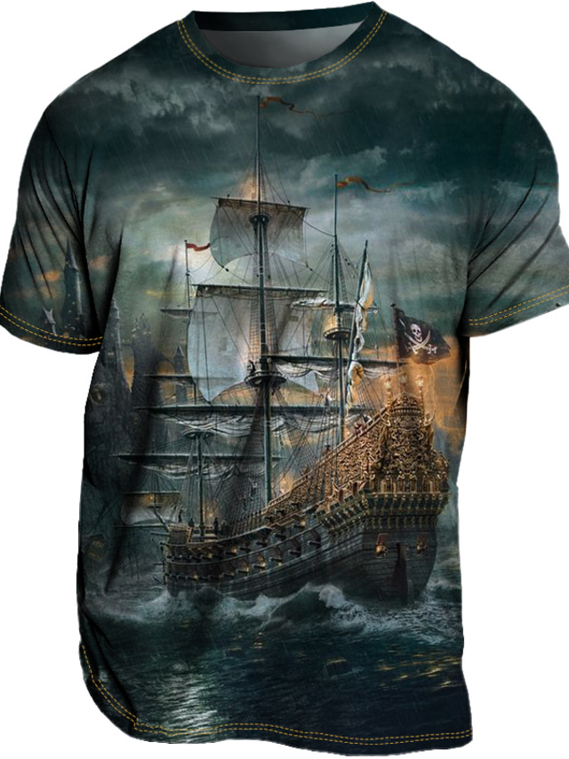  Herre T-shirt T-Shirts Grafisk Skib Rund hals Tøj 3D-udskrivning udendørs Afslappet Kortærmet Trykt mønster Årgang Mode Designer