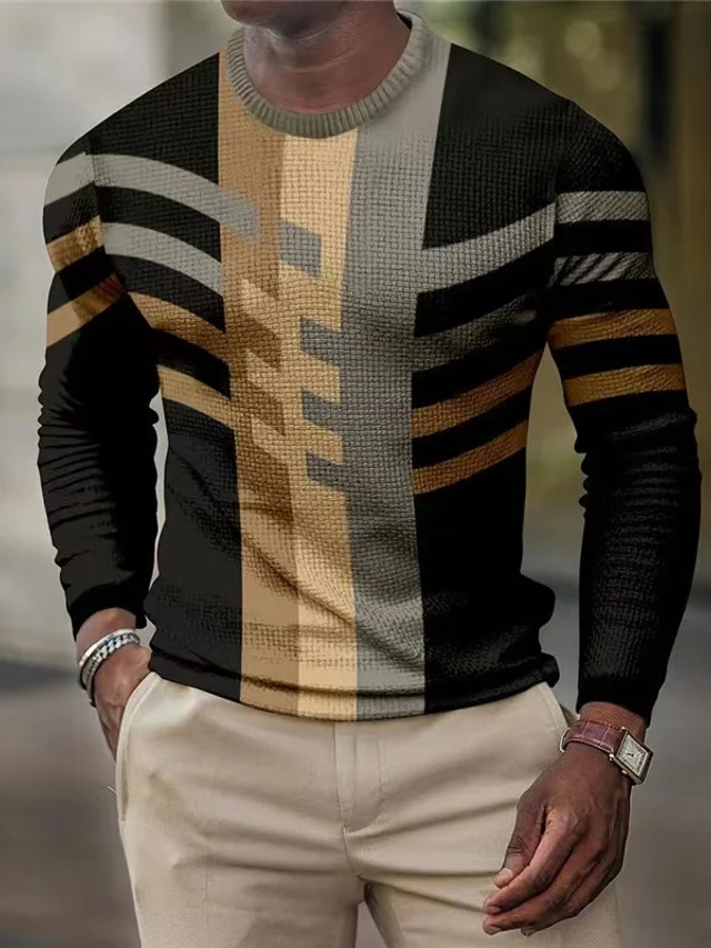  男性用 Tシャツ ワッフルTシャツ グラフィック カラーブロック クルーネック 衣類 3Dプリント アウトドア カジュアル 長袖 プリント ファッション デザイナー 快適