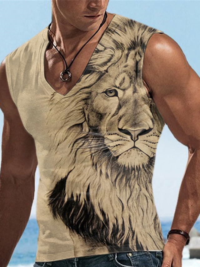  Herre Vest topp Ermeløs T-skjorte for menn Grafisk Dyr Løve V-hals Klær 3D-utskrift Sport Løp Ermeløs 3D-utskrift Designer Fritid Muskel