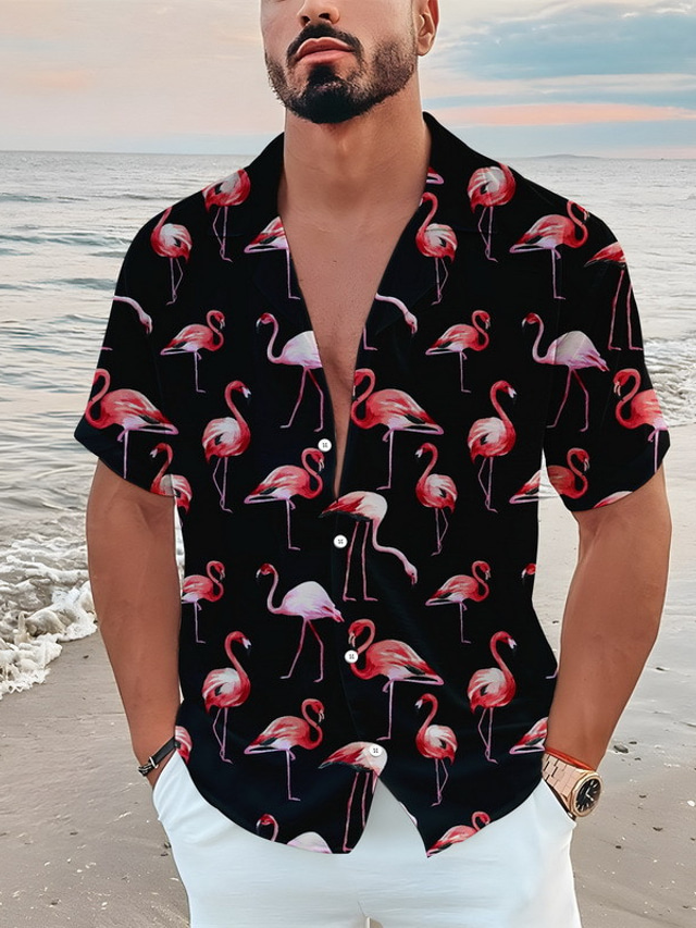  Voor heren Overhemd Hawaiiaans overhemd Bloemig Flamingo Grafische prints Strijkijzer Blauw-Groen Zwart Wit blauw Licht Blauw Casual Feestdagen Korte mouw Button-omlaag Afdrukken Kleding Tropisch