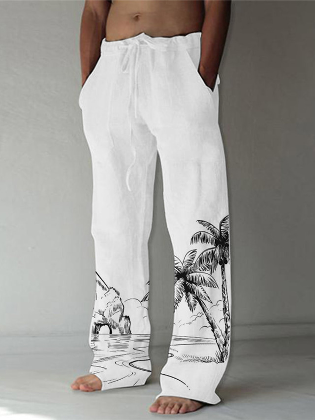  Men's Trousers Summer Pants Beach Pants Drawstring Elastic Waist 3D Print Coconut Tree Plants Graphic Prints Comfort Casual Daily Holiday Streetwear Hawaiian White Brown