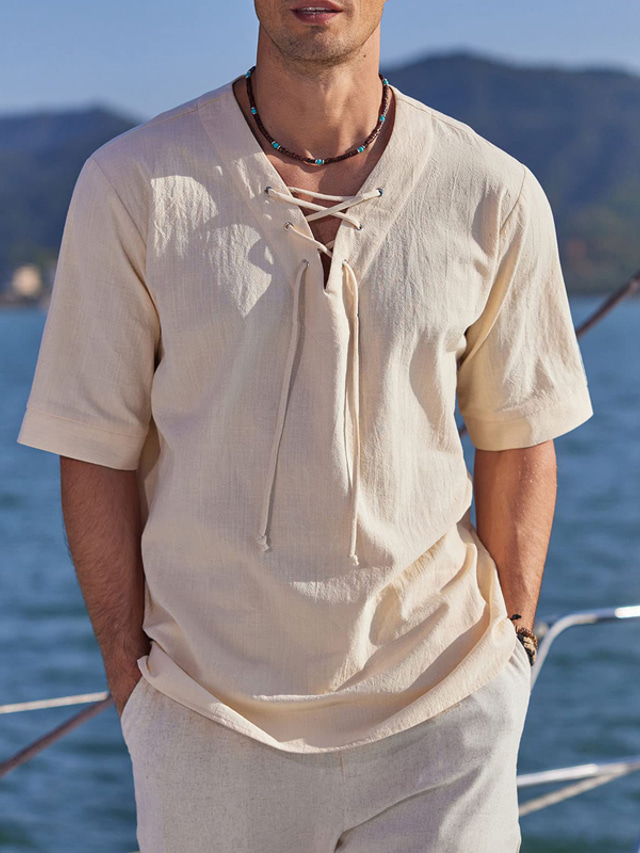 男性用 リネンシャツ Ｖネック 夏 半袖 ブラック ホワイト ネイビーブルー 平織り カジュアル 日常 衣類 レースアップ