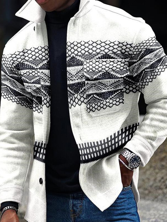 Men's Geometric Pattern Geometry Shirt Shirt Jacket Overshirt Long Sleeve Fashion Streetwear Casual Daily Sports & Outdoor Daily Wear Weekend Fall & Winter Turndown Buttons Pocket Print White