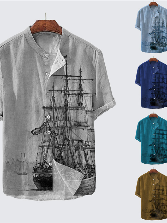  Men's Shirt Graphic Prints Vintage Boat Stand Collar Royal Blue Blue Brown Light Blue Gray Outdoor Street Short Sleeve Button-Down Print Clothing Apparel Fashion Designer Casual Comfortable