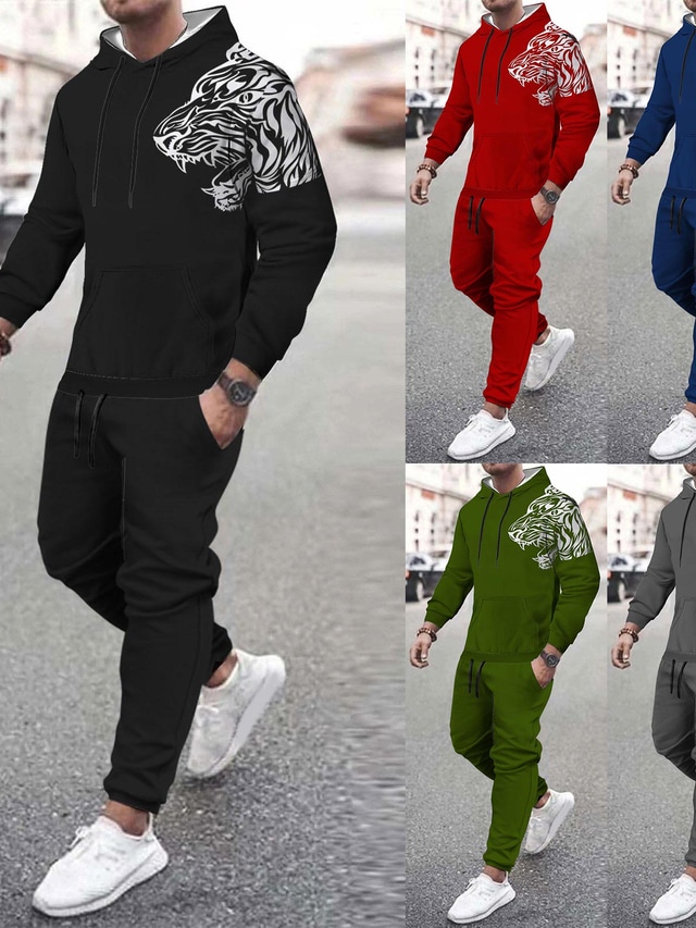  Men's Tracksuit Hoodies Set Black Red Blue Green Light Grey Crew Neck Graphic 2 Piece Print Sports & Outdoor Casual Sports 3D Print Basic Streetwear Sportswear Fall Spring Clothing Apparel Hoodies