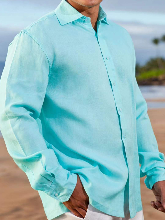  Men's Linen Shirt Summer Shirt Turndown Spring & Summer Long Sleeve Black White Blue Plain Holiday Vacation Clothing Apparel