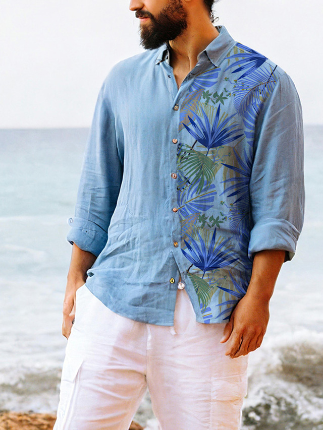 Chemise décontractée à manches longues pour homme, chemise de plage à fleurs et costumes longs, chemises en lin pour homme, bleu, M
