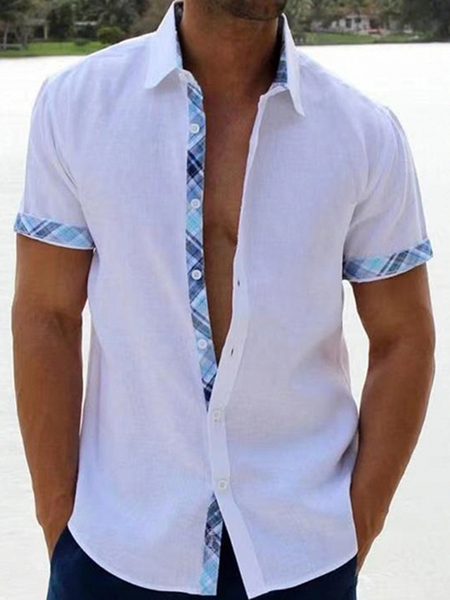  Men's Linen Shirt Summer Shirt Beach Shirt Black White Pink Short Sleeve Plain Lapel Spring & Summer Hawaiian Holiday Clothing Apparel Pocket