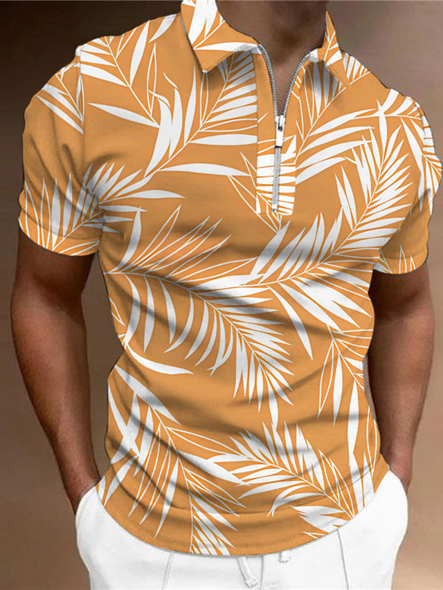  Voor heren POLO Shirt Polo met rits Golfshirt Grafische prints Bladeren Strijkijzer Wit Oranje Buiten Straat Korte Mouw Vetoketju Afdrukken Kleding Modieus Ontwerper Casual Ademend