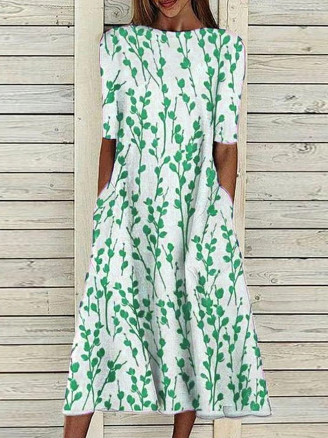  Sukienka midi damska sukienka codzienna niebieska półrękaw wzór zmarszczenia wiosna lato okrągły dekolt codzienna 2023 S M L XL XXL 3XL