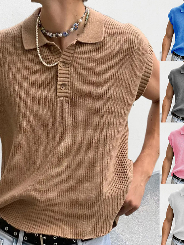  Men's Polo Shirt Knit Polo Sweater Casual Daily Lapel Sleeveless Stylish Classic Plain Button Spring White Pink Blue Brown Gray Polo Shirt